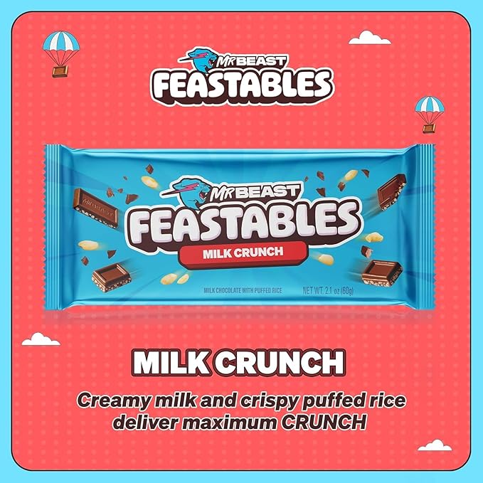 Feastables MrBeast Combo Pack, King Size Milk Chocolate & Milk Crunch Bars, 10 Each, Candy Bars for Adults & Kids, Candy Bar for Snacks, Gifts, or Dessert, Fairtrade Cocoa, 2.1 Oz Each, 20 Count
