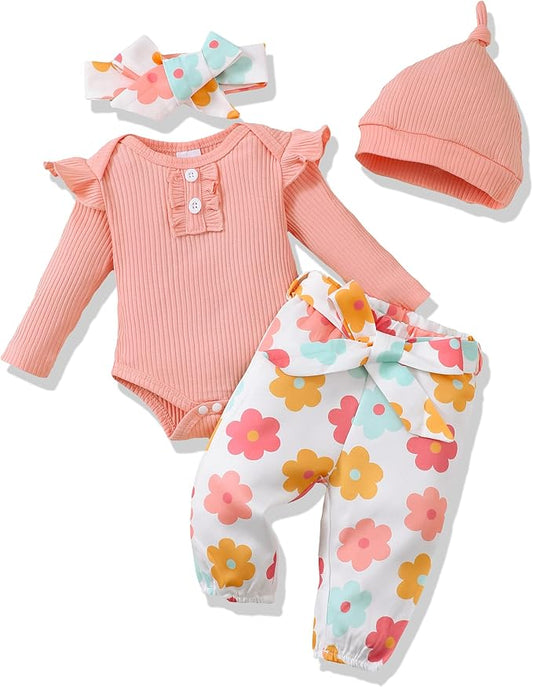 Renotemy Newborn Baby Girl Clothes Outfits Infant Romper Ruffle Floral Pants Cute Toddler Baby Girl Clothes Set