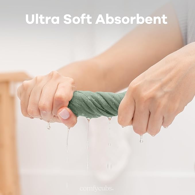 Comfy Cubs Muslin Baby Washcloths 6 Pack - Soft 6-Layer Cotton Wash Cloths for Sensitive Skin - 10"x10" Large, Gentle, Absorbent Infant Essentials for Newborn and Toddlers - Fern