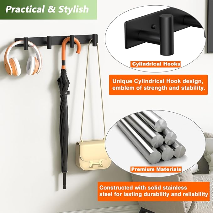 Coat Rack Wall Mounted with 4 Hooks, Wall Hooks for Hanging Towel Coat Hat Bag, Heavy Duty, Metal Hat Rack Coat Hanger Towel Hooks Coat Hooks for Entryway Bathroom Kitchen (Black, 2 Packs)