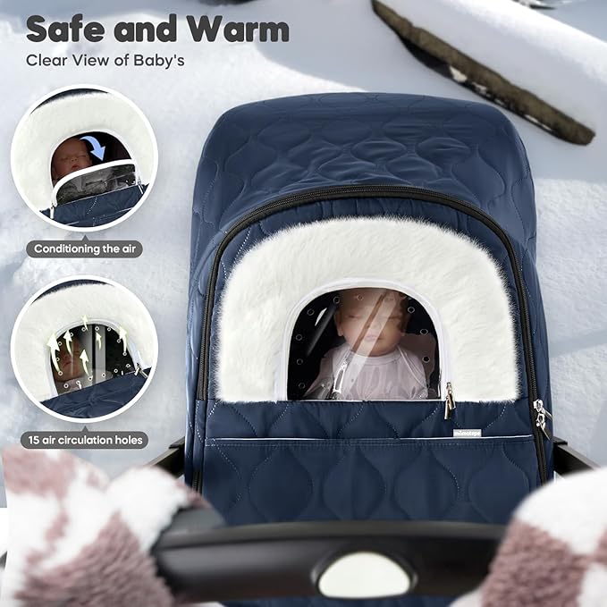 Winter Baby Car Seat Cover, Waterproof, Windproof Warm Fleece Breathable with Full Zipper for Newborn Car Seat, Navy