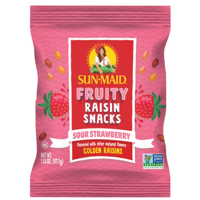 Sun-Maid Sour Strawberry Fruity Raisin Snacks - (200 Pack) 1.33 oz Pouches - Sour Strawberry Raisins - Dried Fruit Snack for Lunches and Snacks