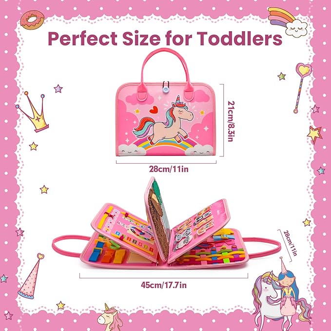 Toddler Busy Board Montessori Toys, Sensory Board Busy Book, Busy Board for Toddlers 2-4, Preschool Learning Activities with Life, Unicorns Pink, 8 Pages and 2 Pages Sensory Mats