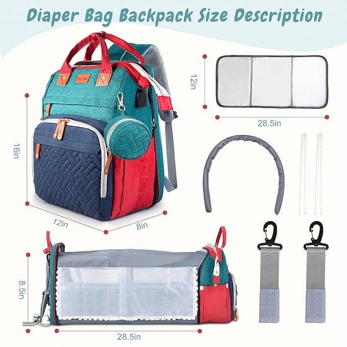 JOYCE Diaper Bag, with Diaper Changing Station, Multi-functional Large-capacity Diaper Bag Backpack, Best Gift for Newborns, Travel Essentials Diaper Bag Backpack (Blue-Green)