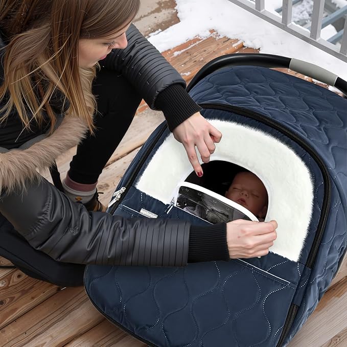 Winter Baby Car Seat Cover, Waterproof, Windproof Warm Fleece Breathable with Full Zipper for Newborn Car Seat, Navy