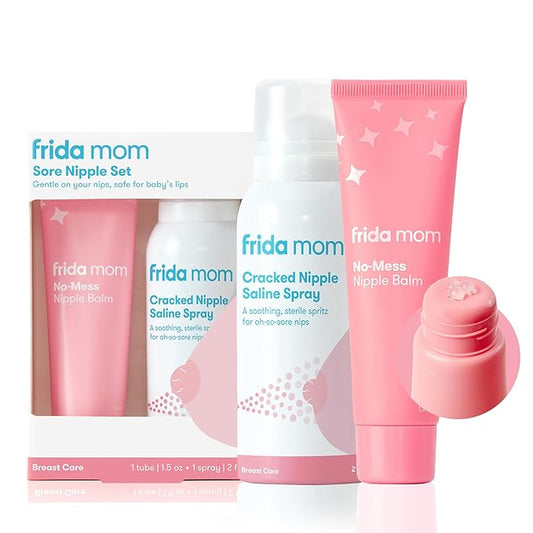 Frida Mom Nipple Cream and Saline Spray Set, Breastfeeding Essentials for New Moms, Cracked Nipple Saline Spray and No-Mess Cream, 2pc Set
