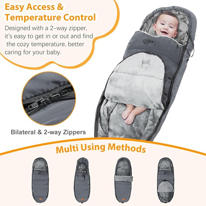 Zooawa Warm Bunting Bag Universal, Waterproof Baby Stroller Sleeping Bag for Cold Weather, Stroller Toddler Footmuff, Extra Thick, Fits 6-36 Months Baby, Gray