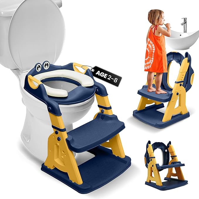2-in-1 Cushioned Potty Seat with Ladder – Foldable Toddler Toilet Seat & Toddler Step – Step Up Potty Chair With Splash Guard for Boys & Girls – Toilet Training for Kids Aged 2-8