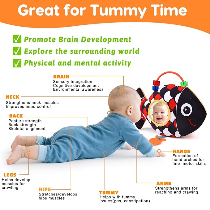 Baby Sensory Tummy Time Toys 0-6 Months Music Fish Toy for Newborn 3 4 5 6 Month Old Black and White High Contrast Infant Toys with Mirror Crinkle Rattle for 3-6 6-12 Months Baby Boy Girl Shower Gifts