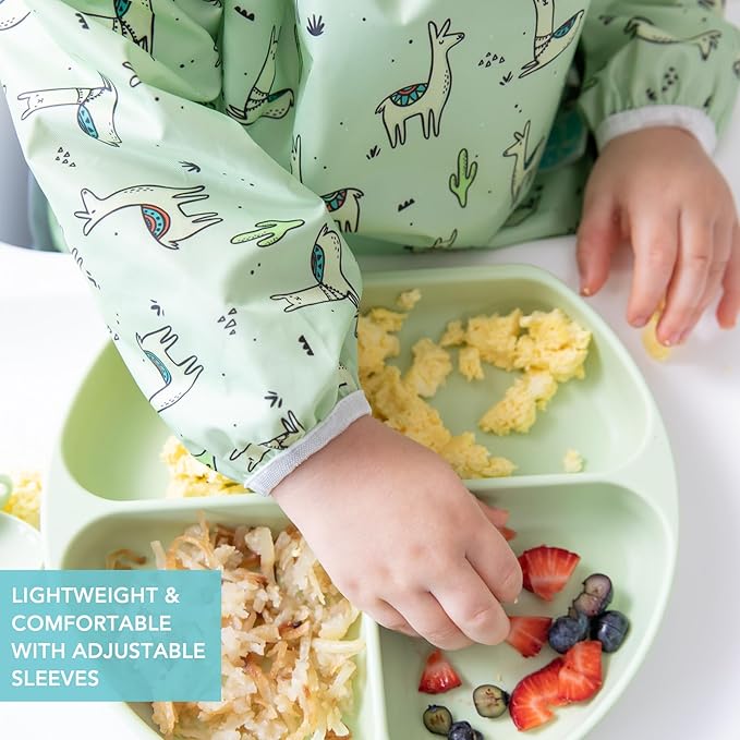 Bumkins Sleeved Bib for Girl or Boy, Baby and Toddler for 6-24 Mos, Essential Must Have for Eating, Feeding, Baby Led Weaning Supplies, Long Sleeve Mess Saving Food Catcher, Soft Fabric, Llama Green