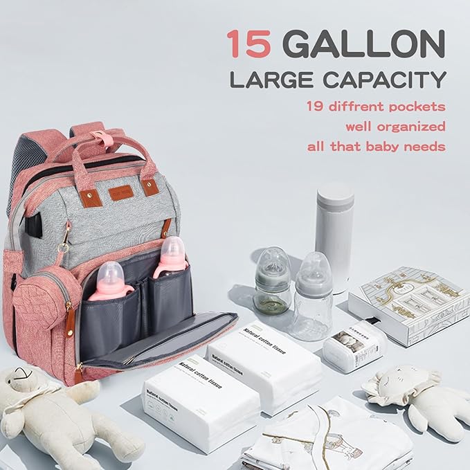 JOYCE Diaper Bag Backpack, with Changing Table Backpack, 900D Oxford Cloth, Large Capacity Diaper Backpack, 3 in 1 Multifunctional Travel Baby Diaper Backpack (pinkish gray)
