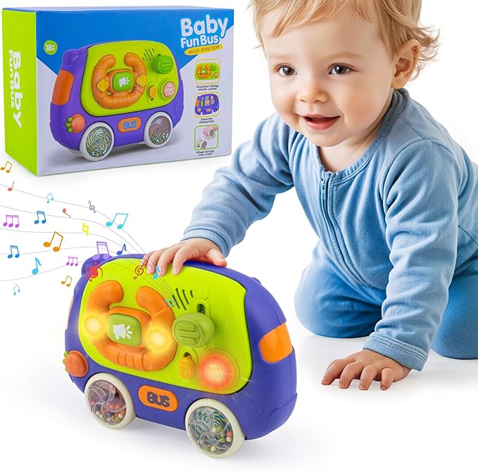 Ayyomo 3 in 1 Montessori Toys Bus, Light Up Baby Musical Toys for Toddlers 1-3 Year Old, Road Trip Busy Board for Car Seat Travel Essential, 2 Bell Wheel Sensory Toys, Birthday Gift for Boy Girl Kid