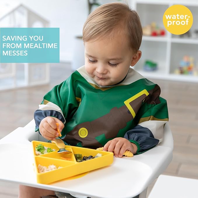 Bumkins Sleeved Bib for Girl or Boy, Baby and Toddler for 6-24 Mos, Essential Must Have for Eating, Feeding, Baby Led Weaning Supplies, Long Sleeve Mess Saving Food Catcher, Nintendo Legend of Zelda