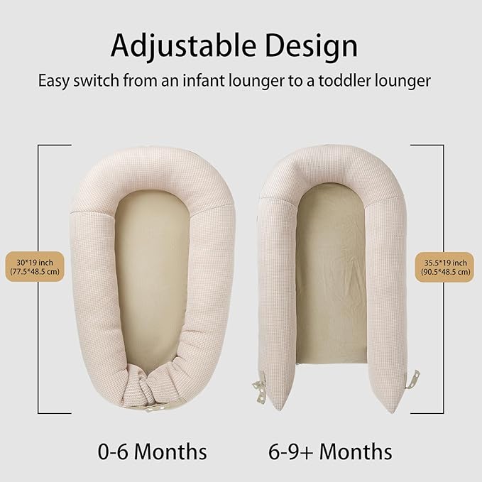 Baby Lounger, Deluxe Infant Lounger, Baby Nest Cover for Baby, Breathable Cotton, Adjustable Baby Floor Seat for Tummy Time, Newborn Essentials for Baby 0-12 Months (Khaki)