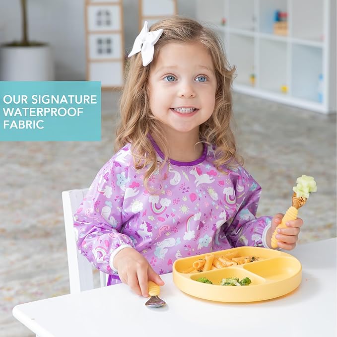 Bumkins Sleeved Bib for Girl or Boy, Baby and Toddler for 6-24 Mos Essential Must Have for Eating, Feeding, Baby-Led Weaning Supplies, Long Sleeve Mess Saving Food Catcher, Soft Fabric, Unicorn Purple