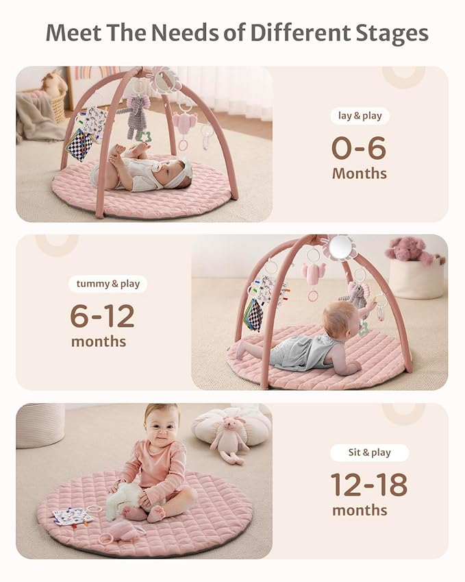 Blissful Diary Baby Play Gym Mat, Tummy Time Activity Mat with 6 Detachable Toys for Skill Development, Baby Essentials Gift, Soft Pink