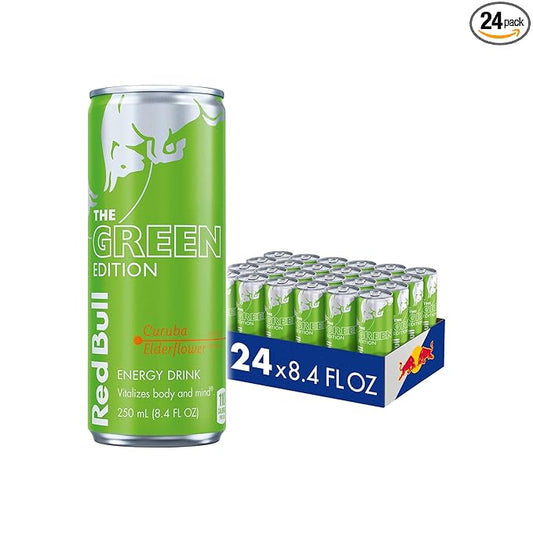 Red Bull Green Edition Energy Drink, Curuba Elderflower, with 80mg Caffeine plus Taurine & B Vitamins, 8.4 Fl Oz, Pack of 24 Cans