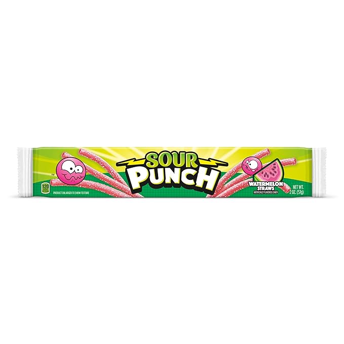 Sour Punch Watermelon Sour Straws, 2oz Tray, (24 Pack)