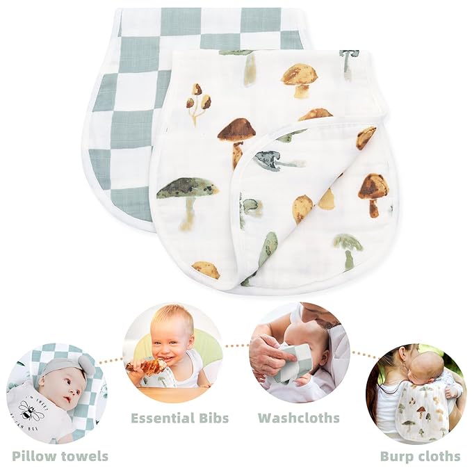 LifeTree Muslin Baby Burp Cloths - 2 Pack 70% Viscose from Bamboo and 30% Cotton Large 22'' by 10'' Absorbent Milk Spit Up Rags - Burping Cloths for Newborn, Girls Boys, Mushroom and Green Checkered