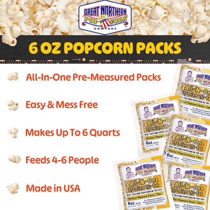 6 oz Popcorn Packs – Pre-Measured, Movie Theater Style, All-in-One Kernel, Salt, Oil Packets for Popcorn Machines by Great Northern Popcorn (40 Case)