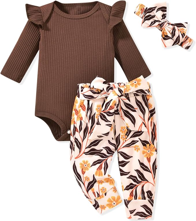 Aalizzwell Preemie Newborn Infant Baby Girls Clothes Ribbed Romper Bodysuit Pants Set Fall Winter Outfits