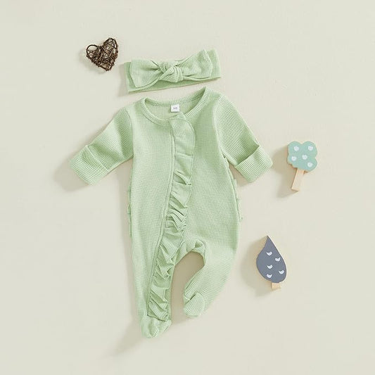 Newborn Girl Clothes Baby Girl Coming Home Outfit Zipper One-piece Outfits Ruffle Footie Bodysuit Jumpsuit Headband