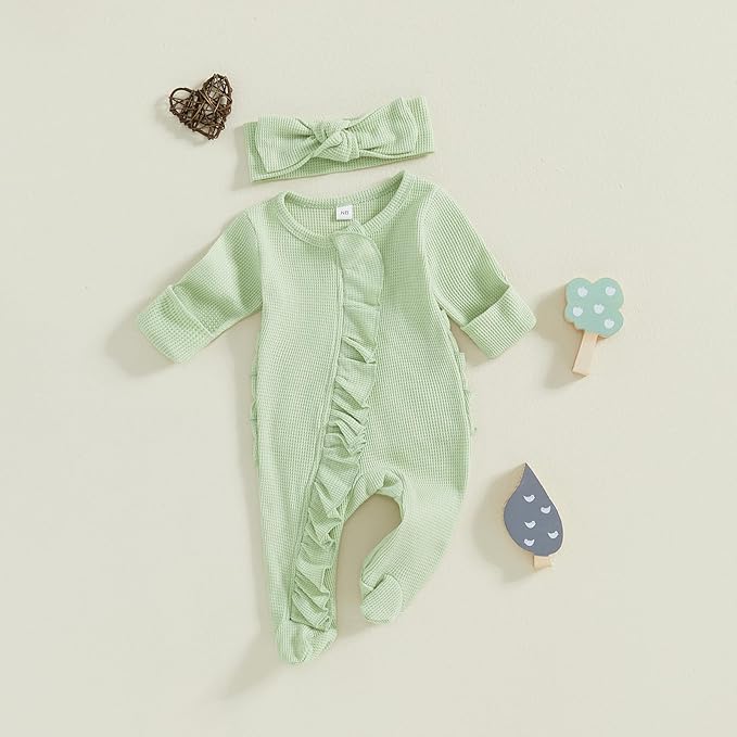 Fanvereka Newborn Infant Baby Girl Fall Outfit Romper 3 6 12 Months Girls Long Sleeve Full Length Zipper Footie Headband