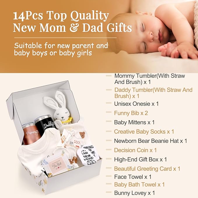 New Mom Gifts, 14pcs First Time Women Care Package after Baby, Pregnancy Gender Reveal Gifts with Mom and Dad Tumbler Set for Expecting Mommy, New Parents, Baby Shower
