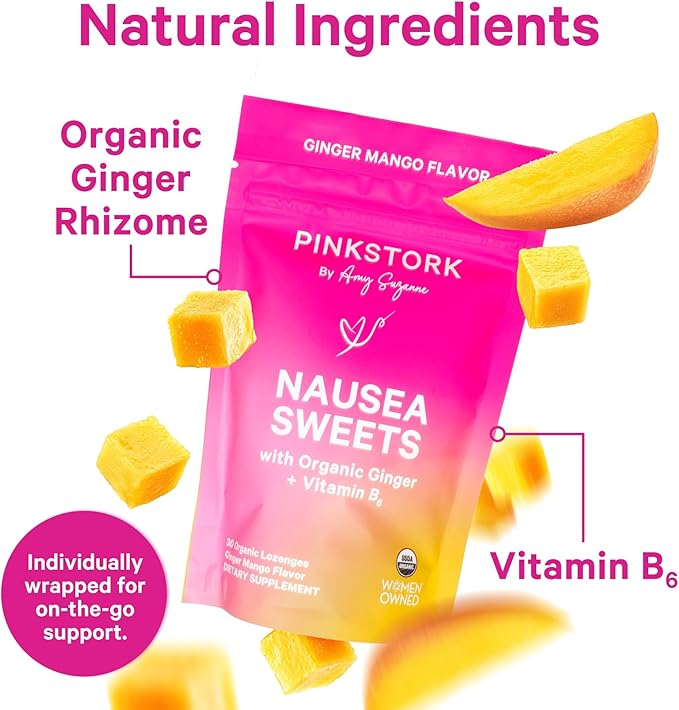 Pink Stork Organic Mango Sweets with Vitamin B6 for Morning Sickness and Motion Sickness, Added Ginger & Vitamin B6, 1st Trimester Pregnancy Must Haves - 30 Wrapped Candies