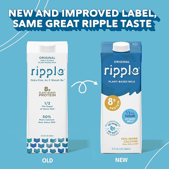 Ripple Original Plant Based Milk | 8g of Quality Sourced Pea Protein, Calcium Rich | Shelf Stable | Vegan & Non GMO Certified | Dairy, Soy, Nut, Gluten, & Lactose Free | 32 Fl Oz Cartons (Pack of 6)