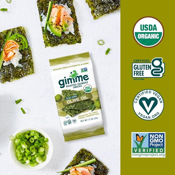 Gimme Seaweed Organic Premium Roasted Seaweed Snacks, Extra Virgin Olive Oil, 20 Count, Keto, Vegan, Gluten-Free, Great Source of Omega3s and Iodine, Healthy On-The-Go Snack for Kids and Adults