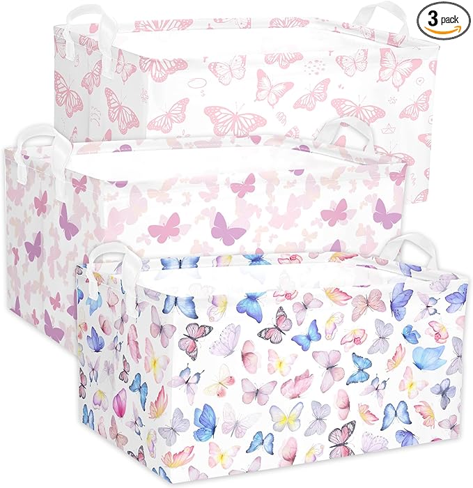 Butterfly Girls Shelf Basket Pink Baby Shower Basket for Kids Room Rectangle Clothes Toys Cube Storage Basket (Butterfly)