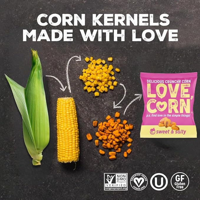 LOVE CORN Sweet & Salty 0.7oz x 20 bags - Delicious Crunchy Corn - Healthy Family Snacks - Gluten Free, Kosher, NON-GMO - Alternative for Chips, Nuts, Crackers & Pretzels - Perfect for Charcuterie Boards