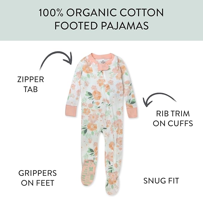 HonestBaby Non-Slip Footed Pajamas One-Piece Sleeper Zip-Front Pjs 100% Organic Cotton for Baby Girls