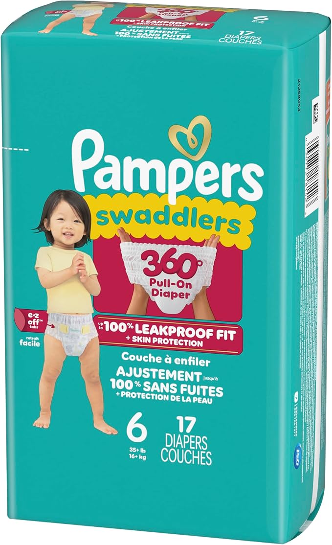 Pampers Diapers - Swaddlers 360° - Size 6, 17 Count, up to 100% Leakproof Comfy Dry Fit, Designed for Easy Changes, Pull On Baby Diaper
