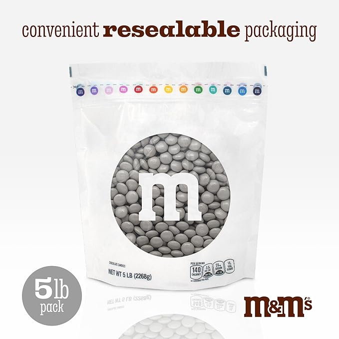 M&M’S WORLD Silver Milk Chocolate Candy Bulk - 5lbs Resealable Pack for Party Favors, Candy Bars, Weddings, Graduations, Birthday Parties, Party Favors, and More