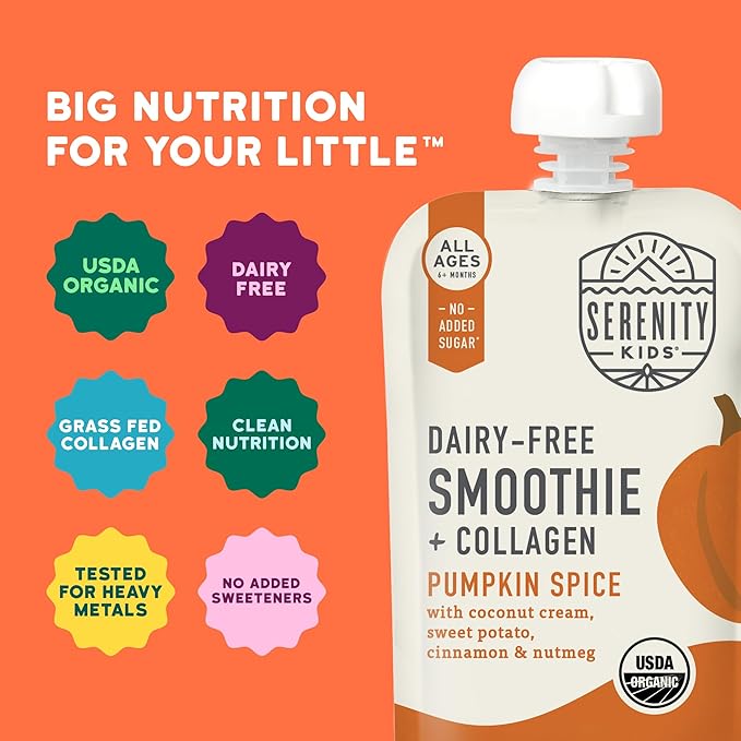 Serenity Kids 6+ Months Pumpkin Smoothie Baby Pouch Food - Dairy-Free USDA Organic - Grass-Fed Collagen & Protein - 3.5 Oz, 6 Pack
