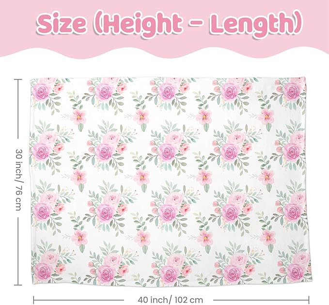Floral Minky Baby Blanket 30 x 40 Inches for Girls, Soft Plush Receiving Blanket with Dotted Back, Gift for Newborn Infant Toddlers, Baby Shower, Christmas Birthday