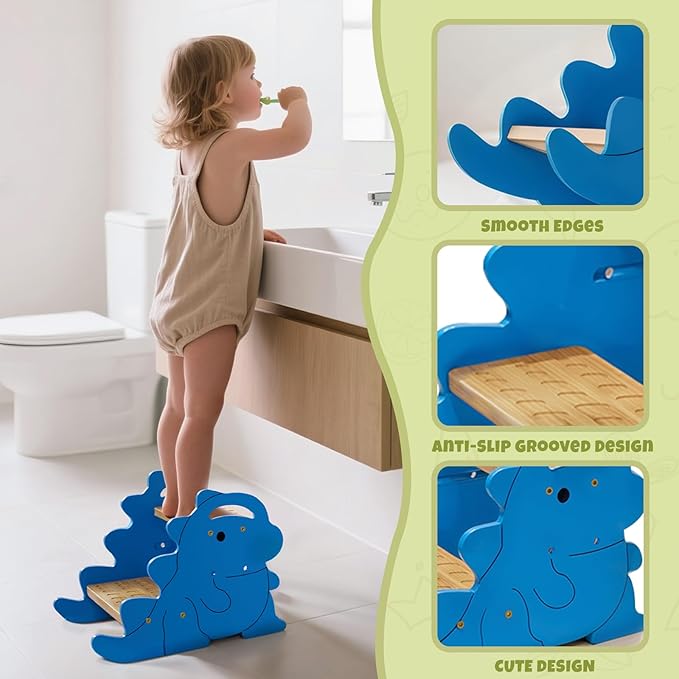 COSYLAND Height Adjustable Step Stools for Kids - Supports Up to 220 KBS Wooden Step Stool for Toddlers, Portable Stepping Stools with Handle for Kitchen, Bathroom (Natural & Blue)