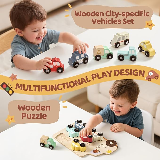 Wooden Toddler Puzzles,Montessori Puzzle for Toddlers 1-3,Montessori Toys for 1 2 3 Years Old Boys Girls Educational Toys with 6 Emergency and City Vehicles,Wooden Toy Cars for Toddler 1-3
