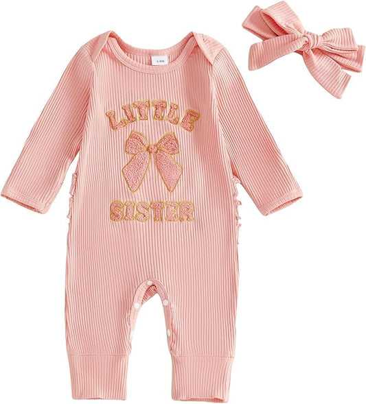 WZTYYDS Newborn Baby Girl Clothes Ribbed Romper Print Long Sleeve Jumpsuits Bow Headband Set Infant One-piece Outfits