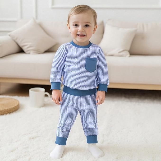 Baby Boy Toddler Fall Outfit Striped Sweatshirt Toddler Boy Winter Waffle Clothes 3 6 12 18 Months 2 3 T Pant Set