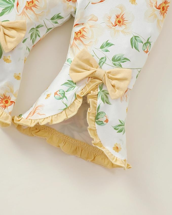SUNNY PIGGY Newborn Baby Girl Clothes Infant Outfits Romper Floral Fall Outfit Bell Bottoms Pant Sets Hat Headband Flowerpant