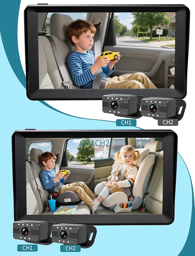 Baby Car Camera -7 Inch Split Screen with Dual Seat Cameras, Night Vision, HD 1080P - USB Powered Easy Install Rear Facing Baby Car Monitor - Perfect for 2Kids/Twins