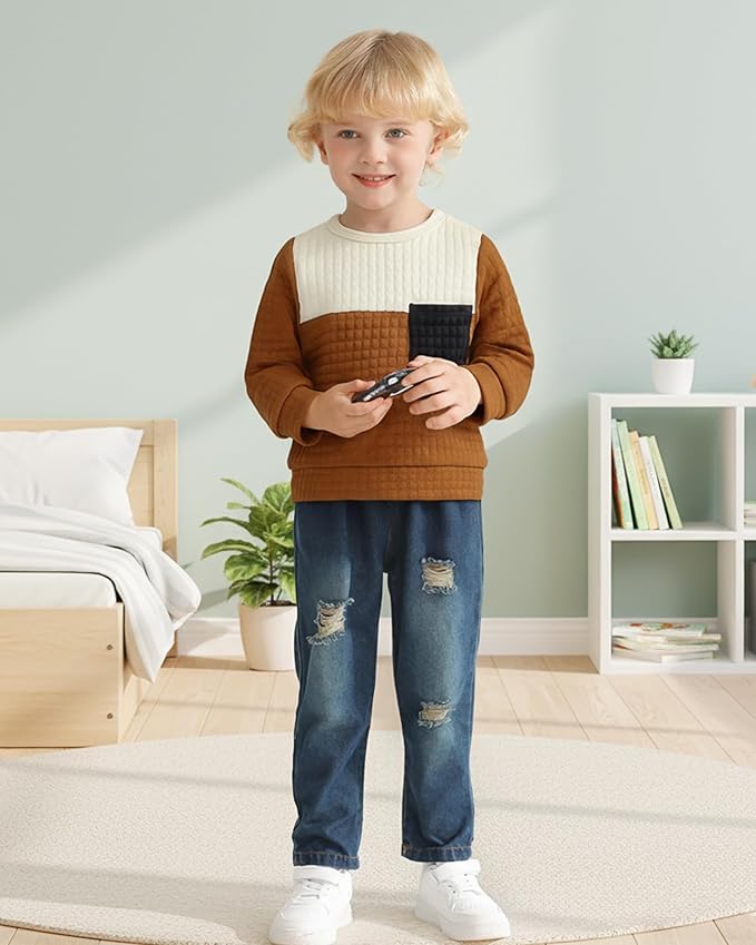 NZRVAWS Toddler Baby Boy Clothes Pullover Sweater Ripped Jean Sweatsuit Little Boy Outfit Fall Winter Clothing Set 6M-7T