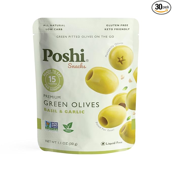 Poshi Green Pitted Olives | Basil & Garlic | Vegan, Kosher, Gluten Free + Keto Friendly, Fresh, Low Calorie Healthy Snacks | (30 Pack, 1.1oz Bags)