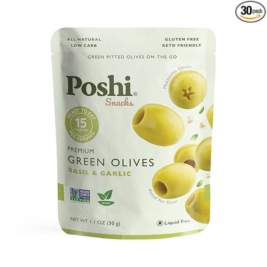 Poshi Green Pitted Olives | Basil & Garlic | Vegan, Kosher, Gluten Free + Keto Friendly, Fresh, Low Calorie Healthy Snacks | (30 Pack, 1.1oz Bags)