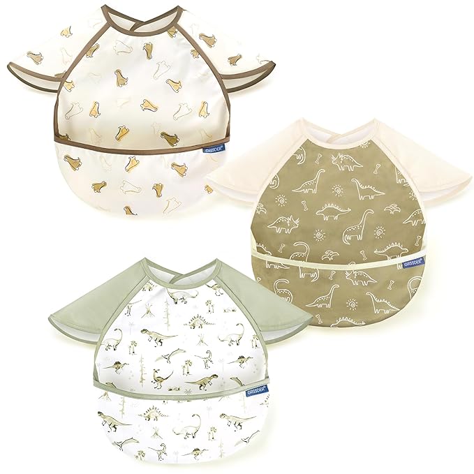 GRSSDER 3-pack Mess Proof Baby Feeding Bibs with Food Catcher Pocket, Soft Lightweight Waterproof Fabric Material with Zero Plastic-like Feel, Adjustable and Easy Clean Toddler Bibs for 6-36 Months