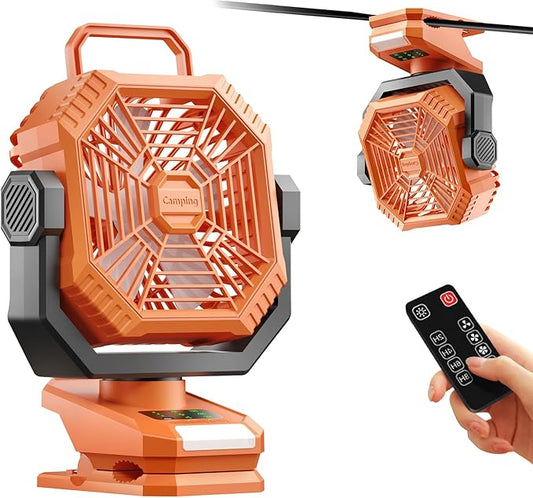 Portable Camping Fan with LED Lantern, 360°Rotation and Clip on for Desk, 8000mAh USB Rechargeable Battery Powered, Digital Display and Hanging Hook for Tent RV Outdoor Travel Barbecue Bedroom