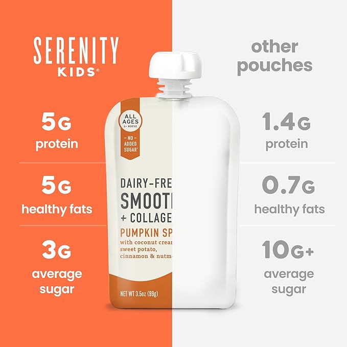 Serenity Kids 6+ Months Pumpkin Smoothie Baby Pouch Food - Dairy-Free USDA Organic - Grass-Fed Collagen & Protein - 3.5 Oz, 6 Pack
